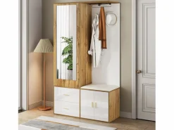 Armario multifunción con espejo, zapatero, banco de almacenaje y perchero extensible, y Madera (100x38x180 cm)