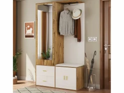 Armario multifunción con espejo, zapatero, banco de almacenaje y perchero extensible, y Madera (100x38x180 cm)