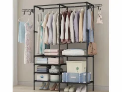 Hconfortxl Armario móvil 173x36x108 cm con 6 estantes, barra para colgar y 8 perchas laterales – ahorro de espacio