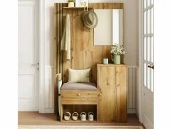 New Armario natural con 2 puertas, espejo, paragüero y banco zapatero, multifuncional 115 x 37 x 185 Armario De Entrada