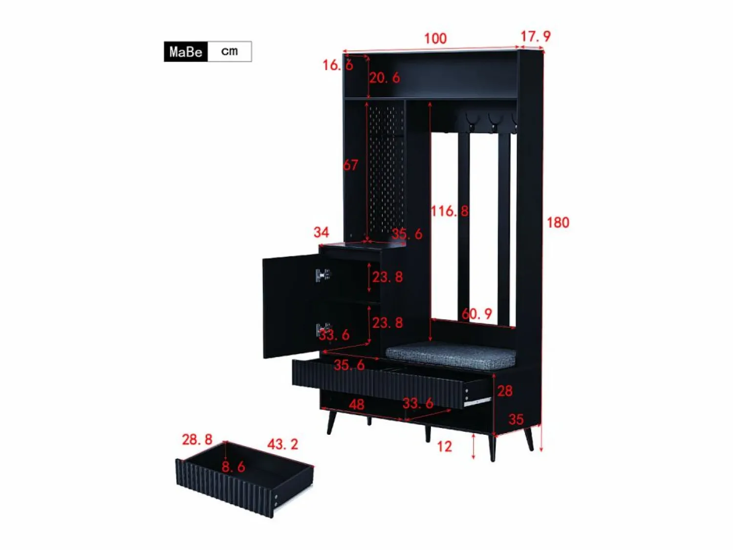 Hauss Spole Armario con 1 puerta, 2 cajones, 4 ganchos y 1 banco 100x35x180 cm