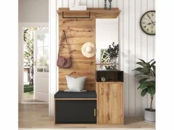 Hauss Spole Armario negro y madera con espejo, 2 puertas, banqueta y 4 ganchos 105x40x191,5cm
