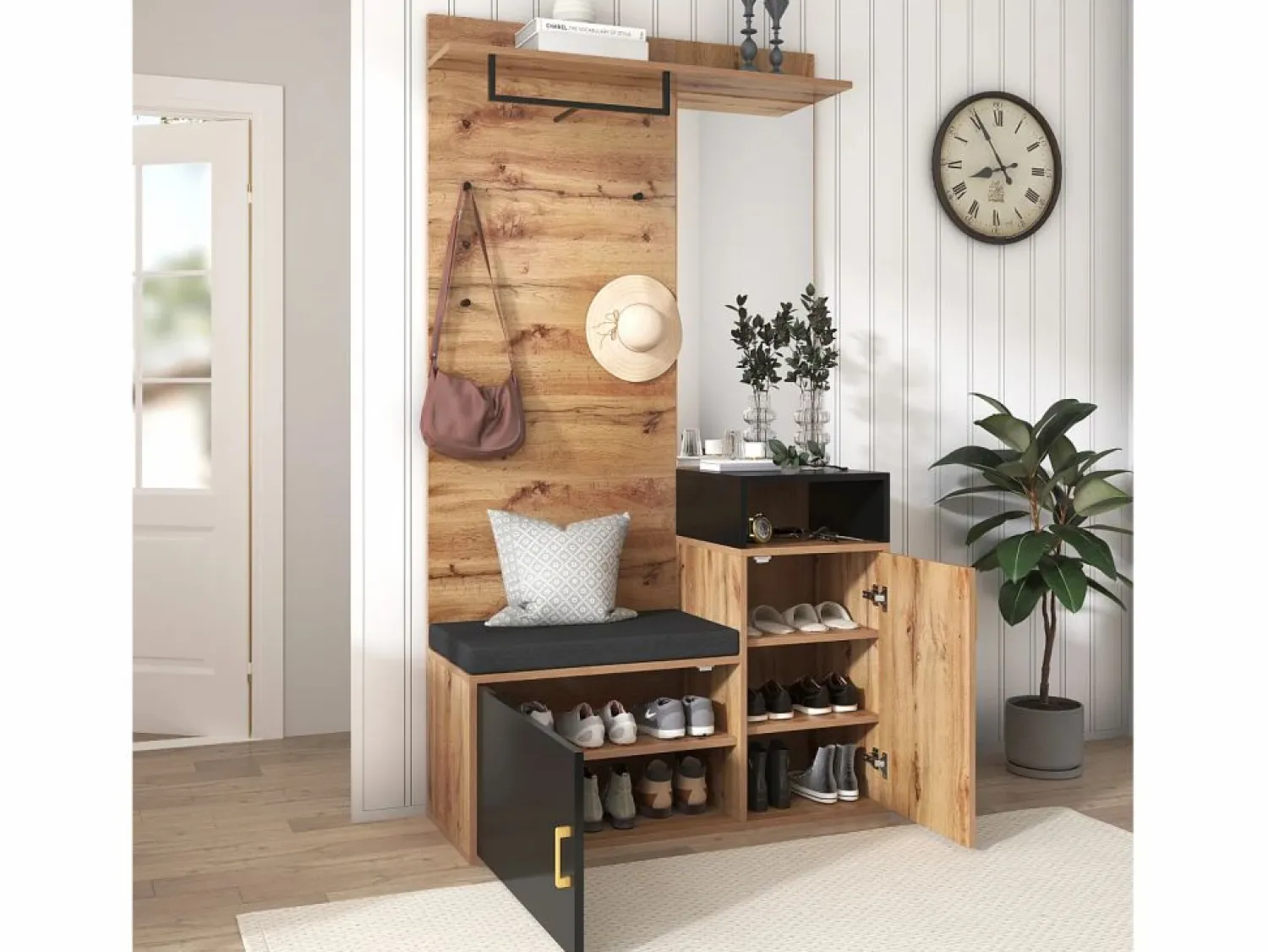 Hauss Spole Armario negro y madera con espejo, 2 puertas, banqueta y 4 ganchos 105x40x191,5cm