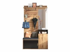 Hauss Spole Armario negro y madera con espejo, 2 puertas, banqueta y 4 ganchos 105x40x191,5cm