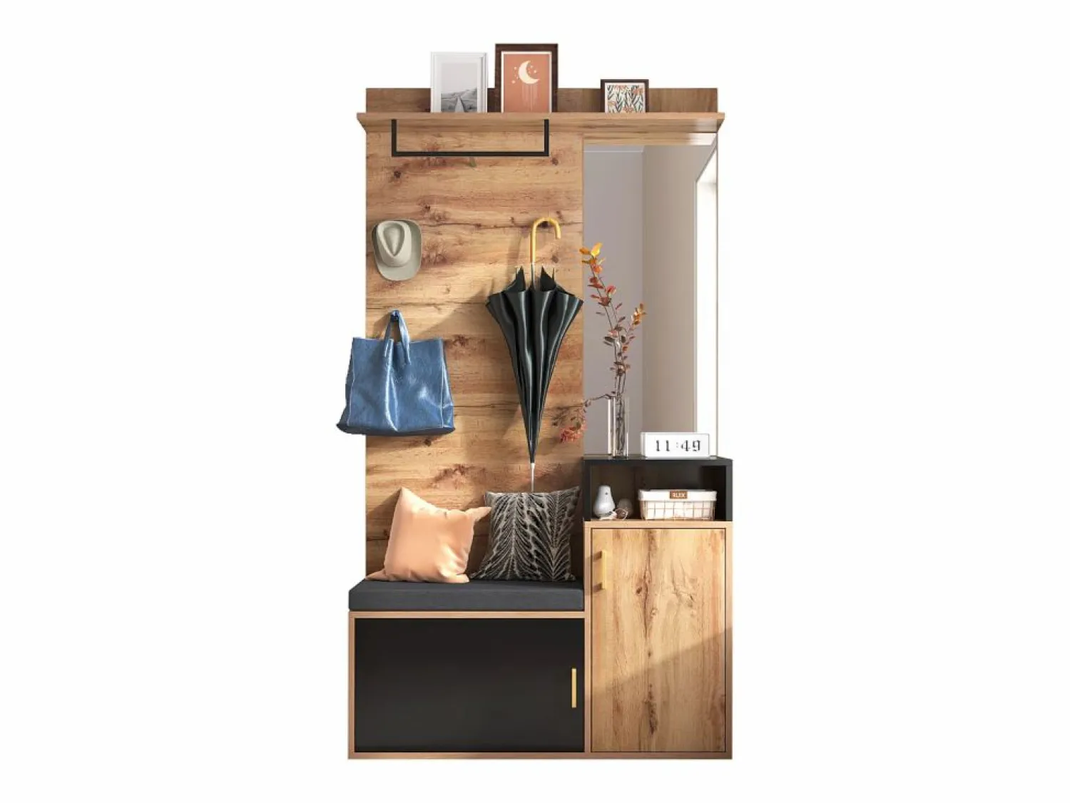 Hauss Spole Armario negro y madera con espejo, 2 puertas, banqueta y 4 ganchos 105x40x191,5cm