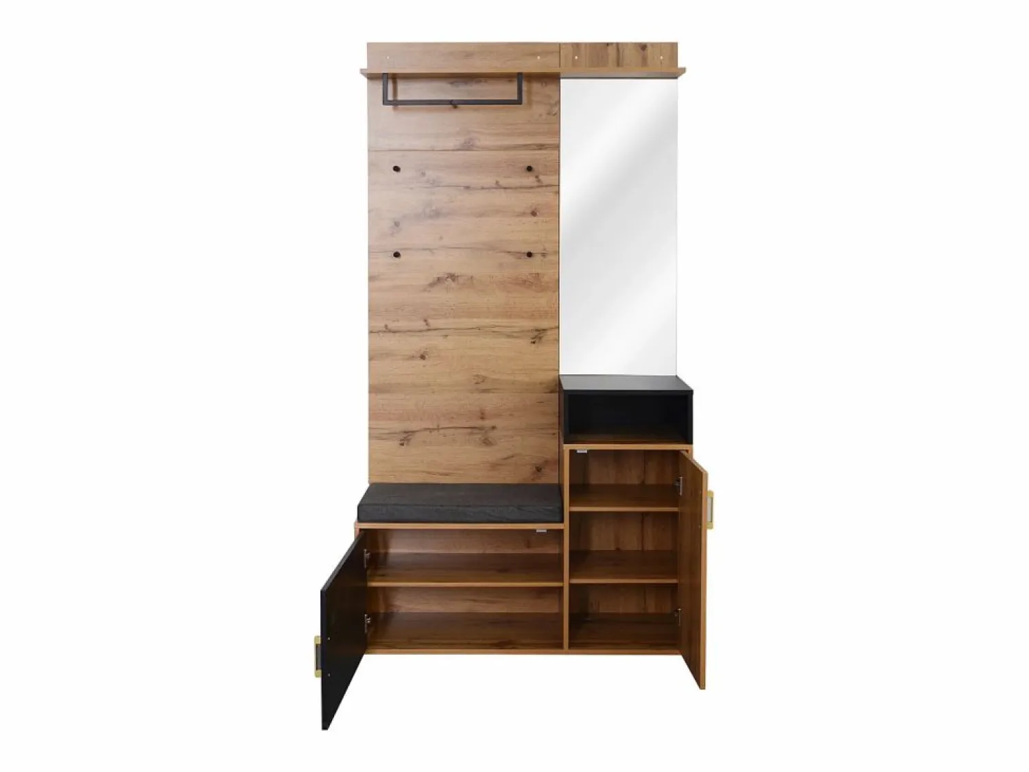 Hauss Spole Armario negro y madera con espejo, 2 puertas, banqueta y 4 ganchos 105x40x191,5cm
