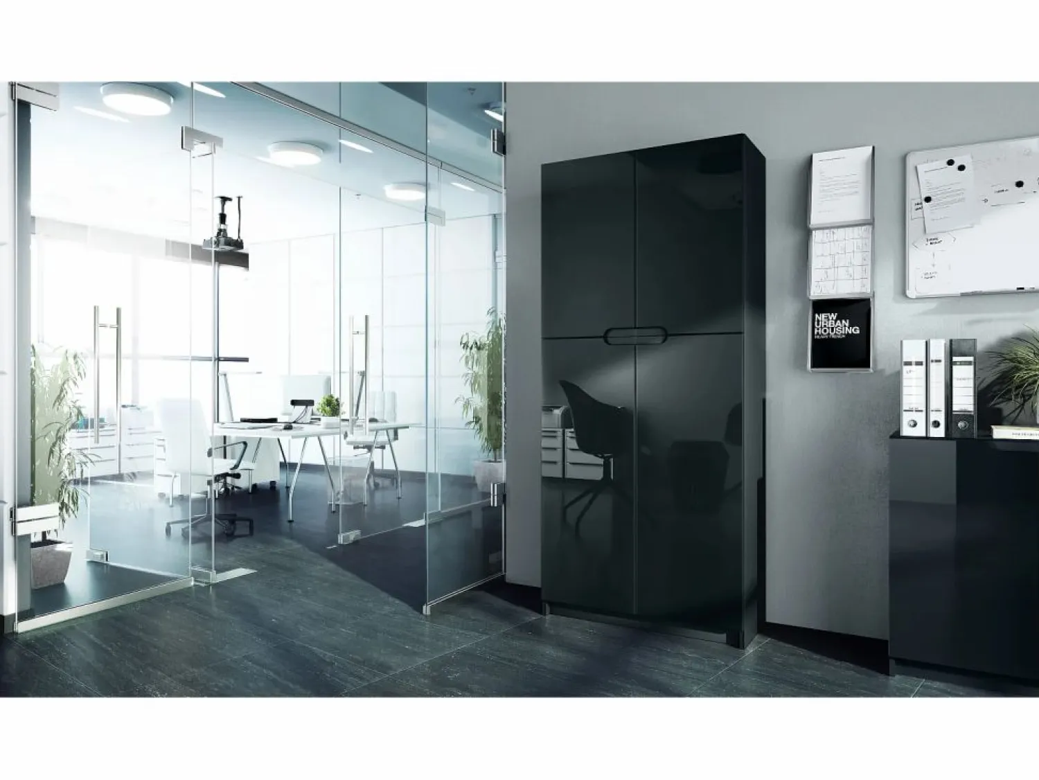 New Armario Oficina Logan V1, Mueble Archivador con 5 Compartimentos y 4 Puertas, mate/ de alto brillo (82 x 185 x 37 cm) Negro