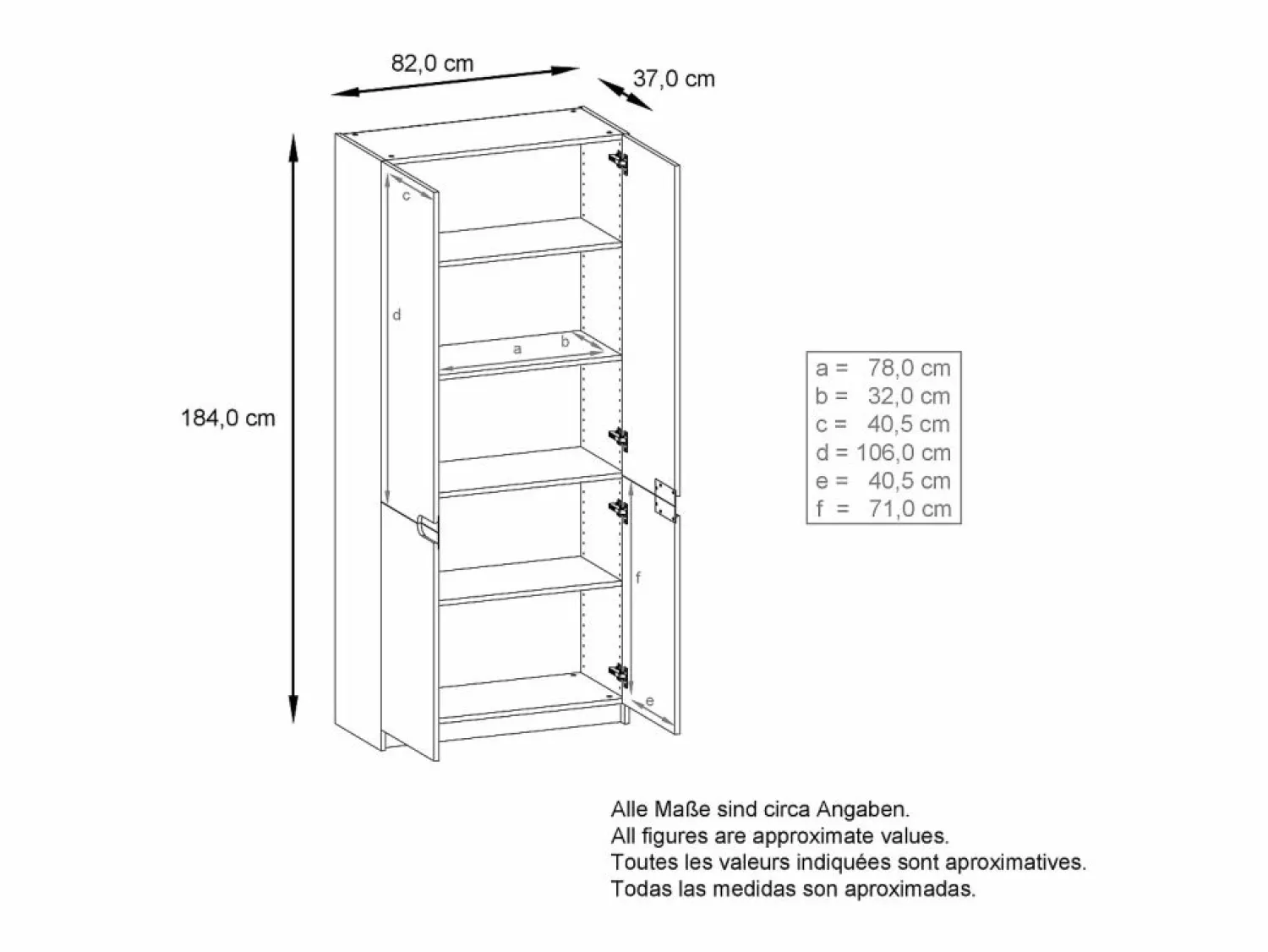 New Armario Oficina Logan V1, Mueble Archivador con 5 Compartimentos y 4 Puertas, mate/ de alto brillo (82 x 185 x 37 cm) Negro