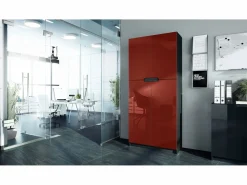 Outlet Armario Oficina Logan V1, Mueble Archivador con 5 Compartimentos y 4 Puertas, negro mate/burdeos de alto brillo (82 x 185 x 37 cm) Granate