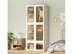 New Armario portátil, organizador de almacenaje, con puertas magnéticas, fácil montaje, puerta transparente, 170 x 69 x 50 cm, Blanco