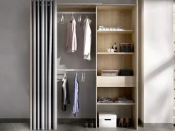 Clearance Vente-unique Armario ropero extensible (110 / 160 cm) con cortina y cajón. Color roble. LAURENT Color natural claro
