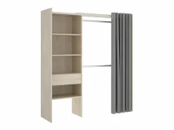 Clearance Vente-unique Armario ropero extensible (110 / 160 cm) con cortina y cajón. Color roble. LAURENT Color natural claro