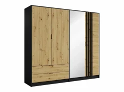 Best Vente-unique Armario TUNALO de 4 puertas y 2 cajones con espejo, de 220 cm de ancho, en color negro y natural Negro / Color natural claro