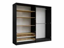 Best Vente-unique Armario TUNALO de 4 puertas y 2 cajones con espejo, de 220 cm de ancho, en color negro y natural Negro / Color natural claro