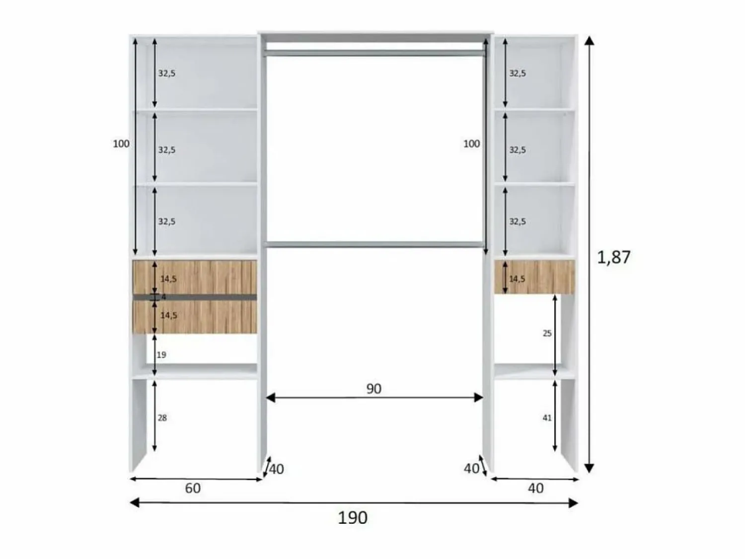 Sale Armario vestidor Tempo con 3 cajones y 2 barras de colgar color /natur. 187 cm alto Blanco