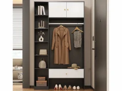 Armario 105x40x185 cm - con 1 cajón y 2 puertas - con barra para colgar ropa y compartimentos de almacenamiento abiertos - Blanco + Negro Armario