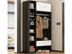 Armario 105x40x185 cm - con 1 cajón y 2 puertas - con barra para colgar ropa y compartimentos de almacenamiento abiertos - Blanco + Negro Armario