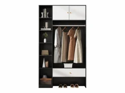 Armario 105x40x185 cm - con 1 cajón y 2 puertas - con barra para colgar ropa y compartimentos de almacenamiento abiertos - Blanco + Negro Armario