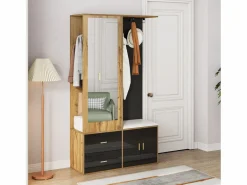ModernLuxe Armario 100x38x108.1 cm - Con espejo - Con zapatero - Con ganchos y perchas retráctiles - Negro + Natural