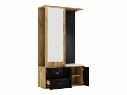 ModernLuxe Armario 100x38x108.1 cm - Con espejo - Con zapatero - Con ganchos y perchas retráctiles - Negro + Natural