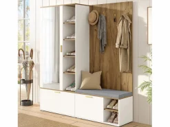 Discount Merax Armario/perchero - 160 x 38 x 180 cm - con mueble y banco zapatero + barra para colgar + 4 ganchos + espejo + puertas - aglomerado - Blanco