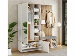 Discount Merax Armario/perchero - 160 x 38 x 180 cm - con mueble y banco zapatero + barra para colgar + 4 ganchos + espejo + puertas - aglomerado - Blanco