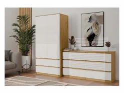 Clearance TOPESHOP ASTER – Cómoda ancha para dormitorio, salón o oficina – 6 cajones – 138x40x75 cm – Artesanal y blanco Marru00f3n / Blanco