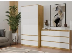 Clearance TOPESHOP ASTER – Cómoda ancha para dormitorio, salón o oficina – 6 cajones – 138x40x75 cm – Artesanal y blanco Marru00f3n / Blanco