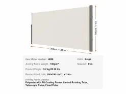Auvent Laterales Retractil SucceBuy, 180 x 350 cm, Escreen de Privacidad para Terraza y Separador de Valla,