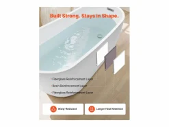 Bañera Autoportante SucceBuy en Acrílico, Bañera Isla Moderna y Elegante, 170x74 cm, Gran Capacidad 215 L, con Rebosadero y Desagüe en Níquel Cepillado