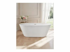 Bañera Autoportante SucceBuy en Acrílico, Bañera Isla Moderna y Elegante, 150x75 cm, Gran Capacidad 230 L, con Rebosadero y Desagüe en Níquel Cepillado Blanco
