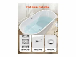 Clearance Bañera Autoportante SucceBuy en Acrílico, Bañera Isla Moderna Ovalada, 150x75 cm, Gran Capacidad 230 L, con Rebosadero y Desagüe en Cromo Pulido Bañera Exenta