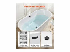 Bañera Autoportante SucceBuy en Acrílico, Bañera Isla Moderna Blanca 150x75 cm, Gran Capacidad 230 L, con Rebosadero y Desagüe Negro Mate, Cuarto de Baño