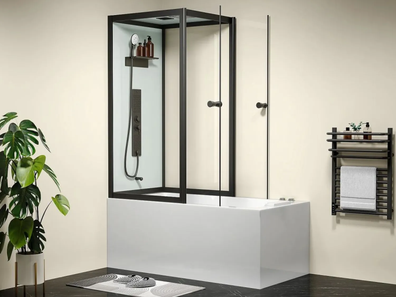 Clearance Shower & Design Bañera con ducha balneario - Negro - L150 x P75 x Alt. 215 cm - 36 jets - DARIA Negro / Blanco