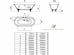 ROGIER & MOTHES Bañera con patas CHELSEA 154 cm patas ÁGUILA ENVEJECIDO