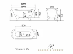ROGIER & MOTHES Bañera de Hierro BRADFORD con patas cromadas 180 cm