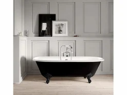 Discount Bañera de Hierro PLYMOUTH negra 153 cm Patas BLANCAS Bañera Con Patas