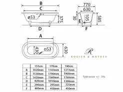 Hot ROGIER & MOTHES Bañera de Hierro PLYMOUTH blanca 170 cm Patas CROMADAS Blanco / Plateado