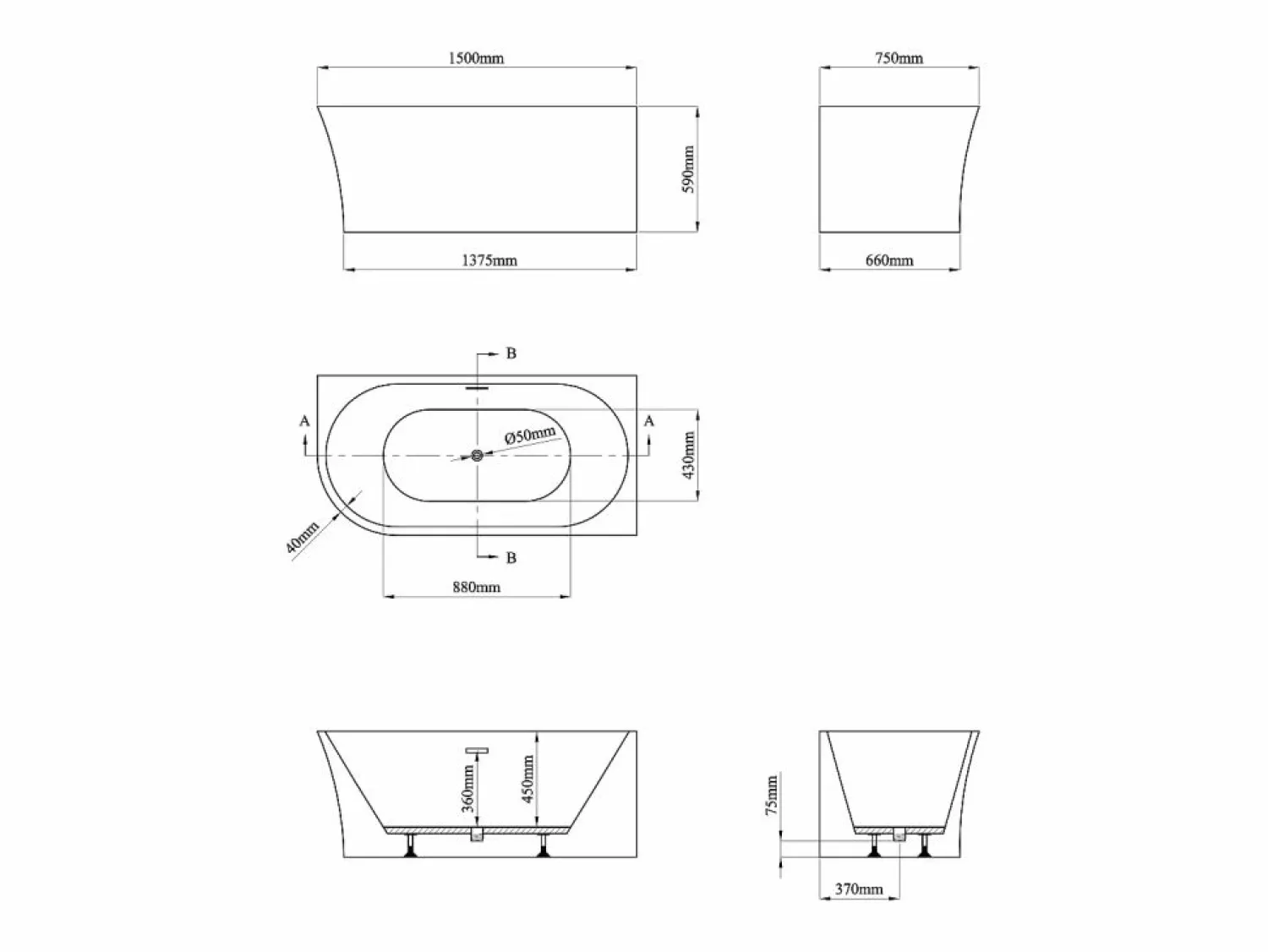 Shower & Design Bañera de ángulo derecho - 201 L - 150 x 75 x 59 cm - - Acrílico - PONTICOLA Blanco