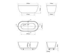 Shower & Design Bañera exenta ovalada blanca en acrílico, 210 L, 150 x 74 x 57 cm, MOBULA