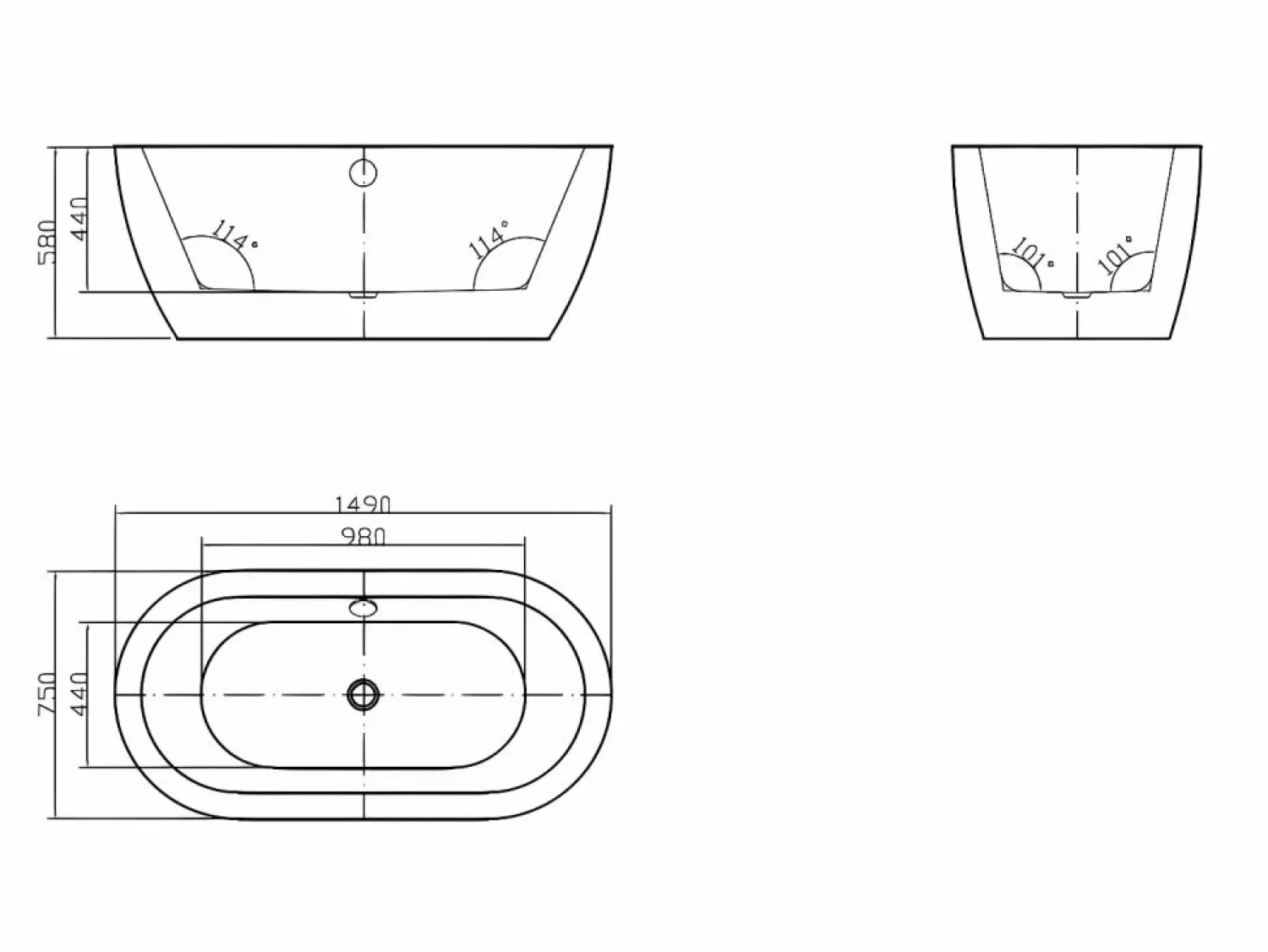 Shower & Design Bañera exenta ovalada blanca en isla, 178L, 150 x 75 x 58 cm, ADRINA