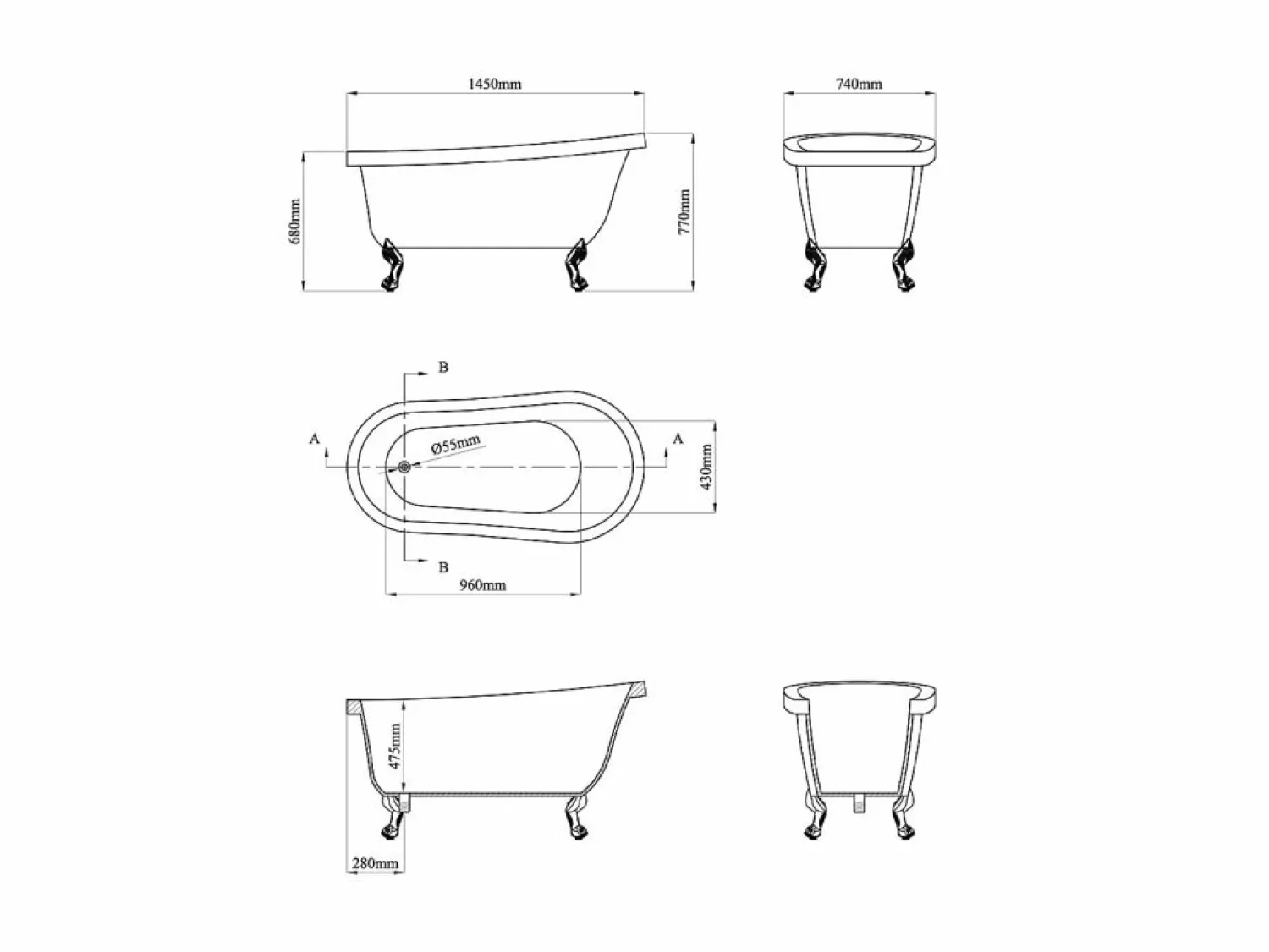Clearance Bañera exenta retro - 200L - 145 x 74 x 77 cm - y patas doradas - NISOS Bañera Con Patas