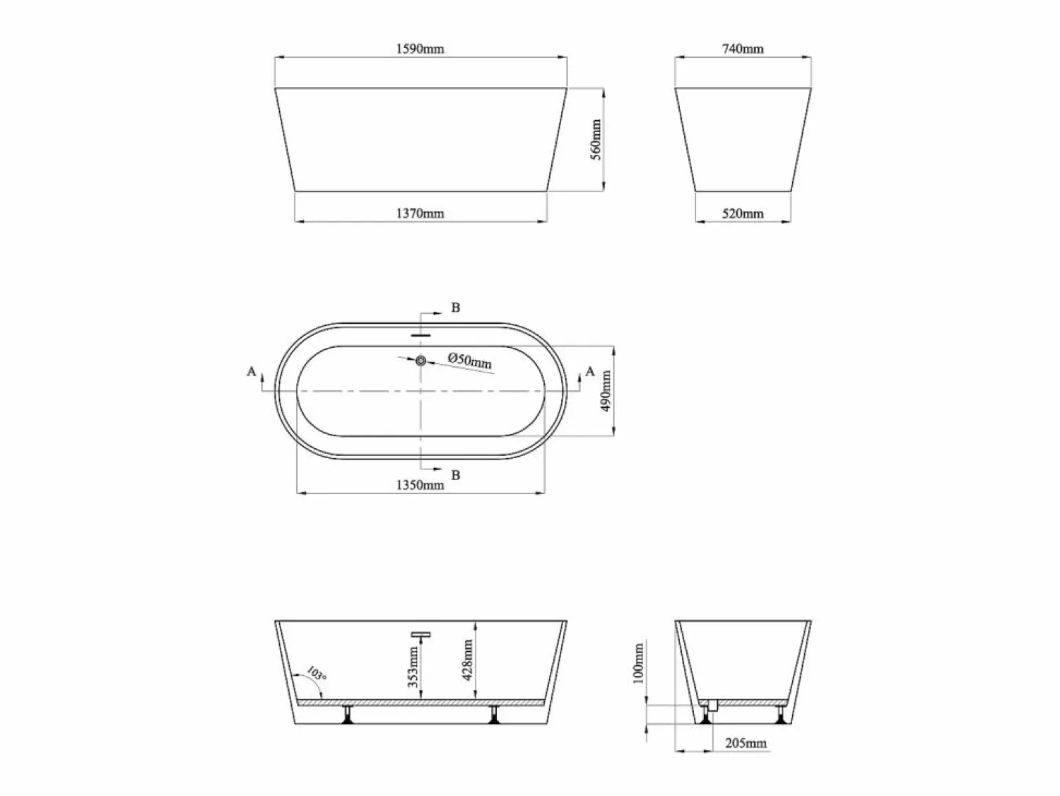 Best Bañera independiente ovalada - 255L - 159 x 74 x 56 cm - azul mate - Acrílico - LUZECA Bañera Exenta