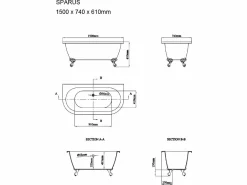 Shower & Design Bañera retro exenta con patas - 154 L - 150 x 74 x 61 cm - Acrílico - SPARUS