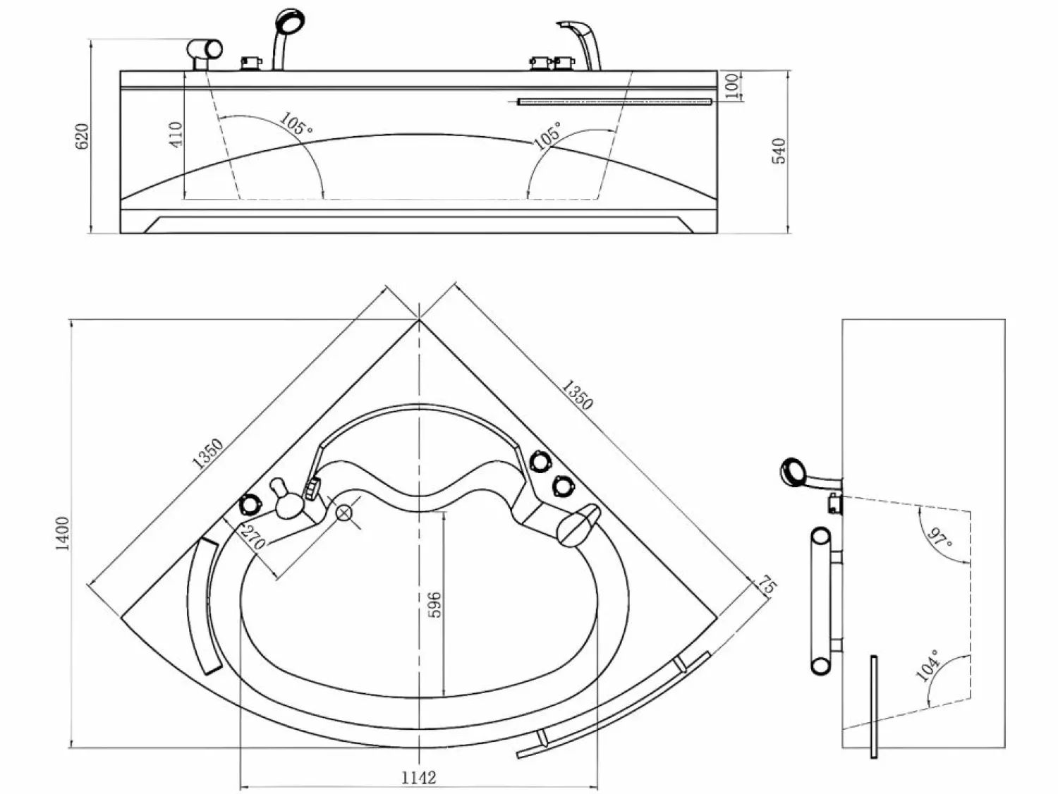 New Shower & Design Bañera rinconera NAVONA - 1 plaza - 263L - 135x135xAlt.54cm Blanco