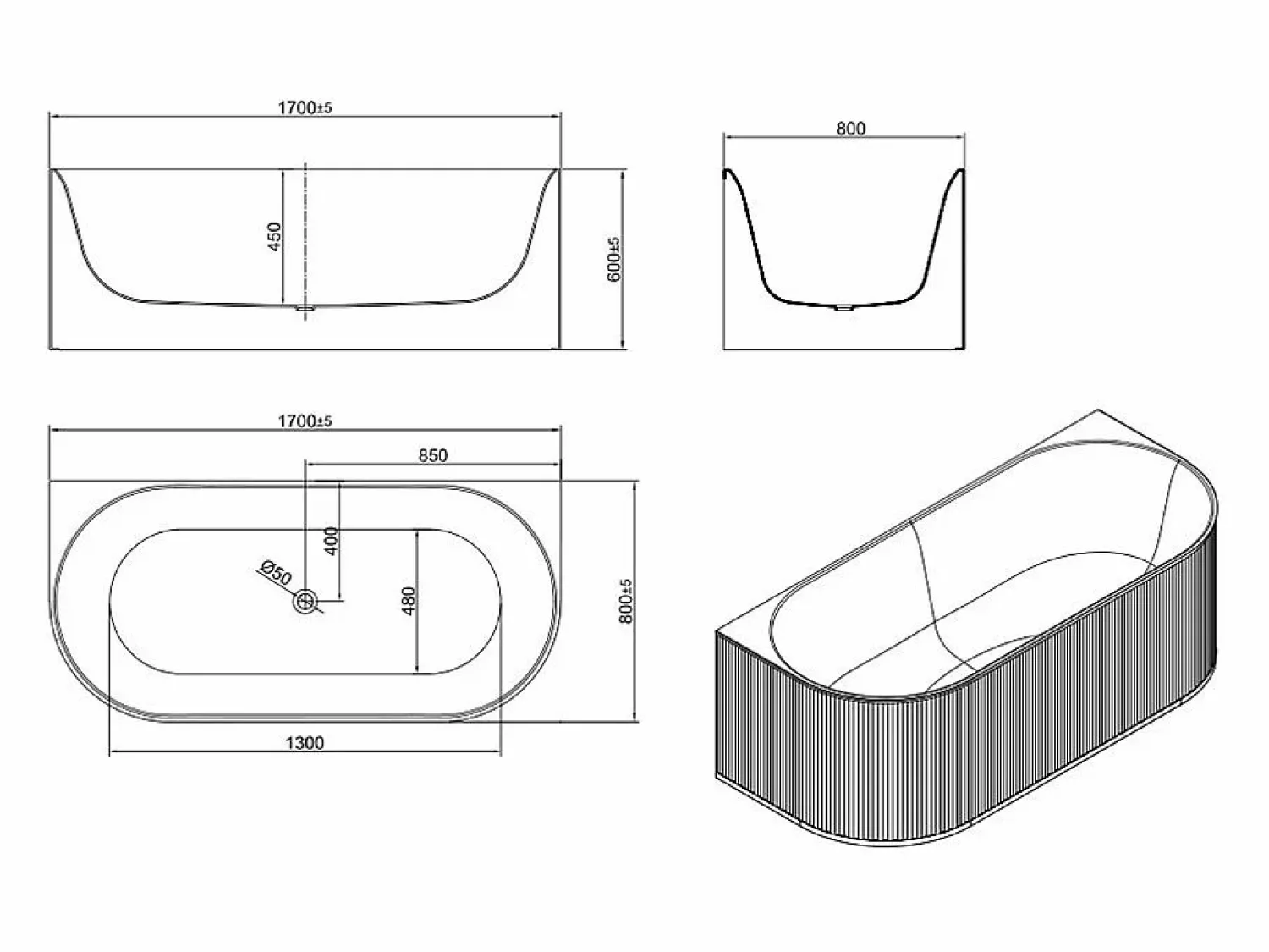 Shower & Design Bañera semicircular - 240L - 170 x 80 x 60 cm - mate - Acrílico - BARBORI