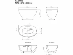 Shower & Design Bañera semi-exenta ovalado - 197 L - 151 x 94 x 60 cm - - Acrílico - PAGRUS