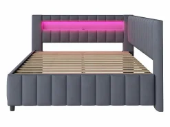 New Banco cama acolchado de terciopelo 140x200 cm, Sofá cama con LED, USB, respaldo y cabecero, Cama Diván