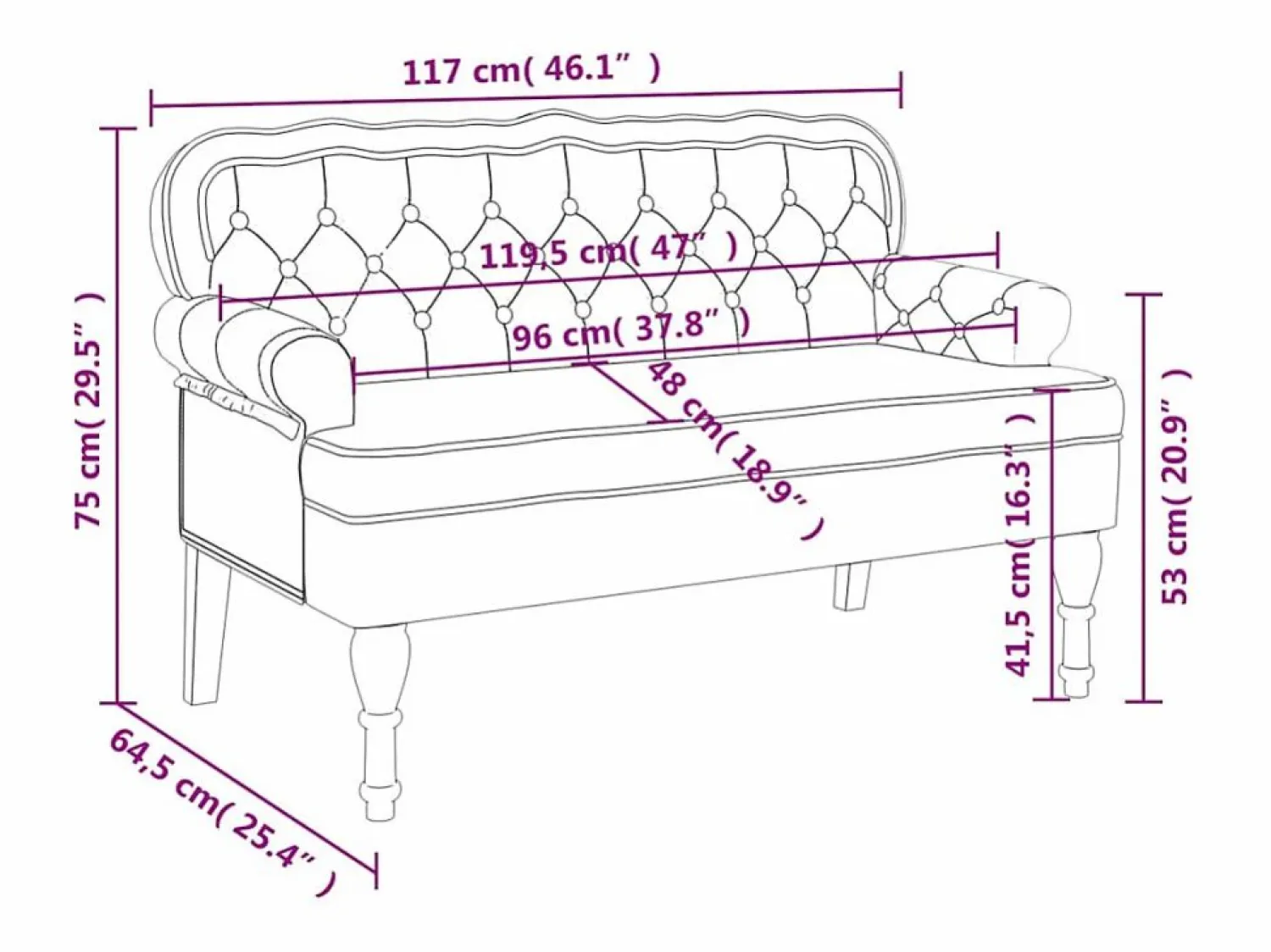 vidaxl Banco con respaldo terciopelo 119,5x64,5x75 cm