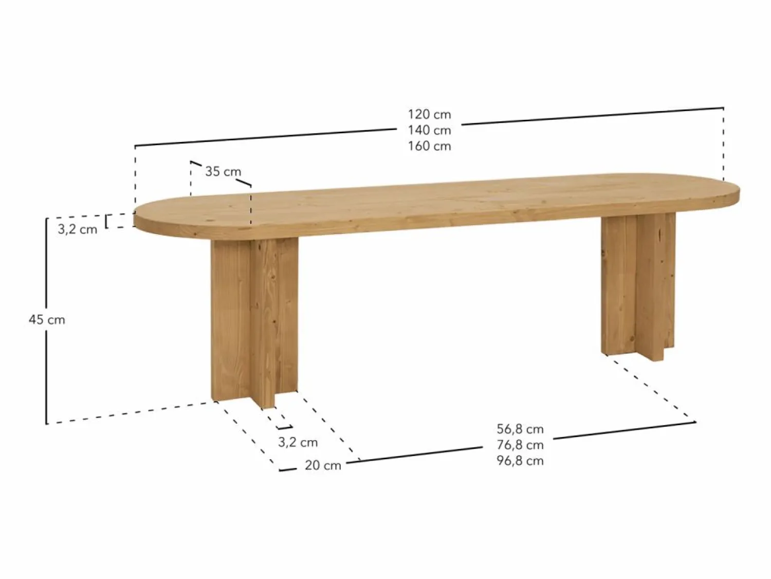 DECOWOOD Banco de madera de abeto ovalado para interiores en color roble medio de 120x45cm - TOKYO -